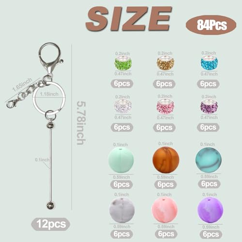 XKCWXY 84Pcs Beadable Keychains Set,Keychains Bulk for Keychain Making Accessories with beadable Keychain bar Silicone Beads Spacer Beads