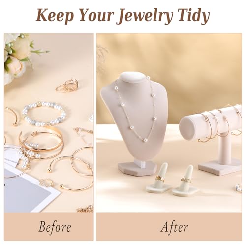 Wenqik 4 Pcs Velvet Jewelry Display Set Velvet Necklace Bust Holder Bracelet Organizer 2 Ring Finger Jewelry Holder - color: Linen Color