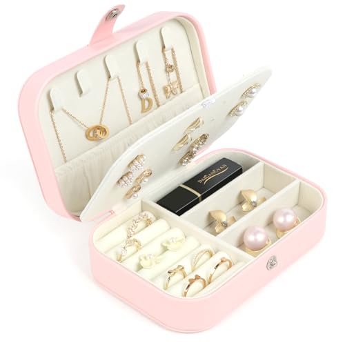 Travel Jewelry Box, Small Jewelry Organizer Boxes for Women Girls, 2 Layer Travel Jewlery Case, PU Leather Mini Portable Jewerly Storage Display Holder for Earrings, Ring, Necklaces, Bracelets - Pink - color: Pink