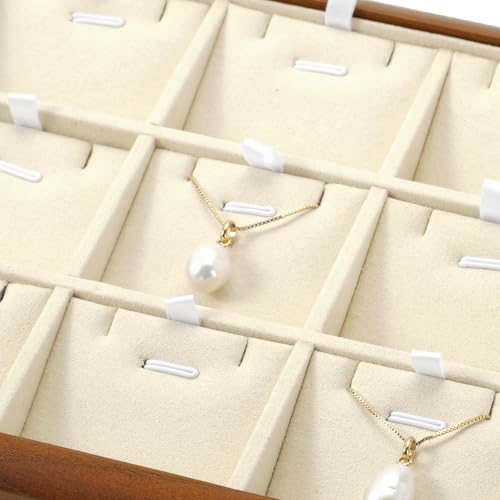12 Grids Solid Wood Necklace Jewelry Tray Microfiber Bracelet Chain Pendant Drawer Holder With Removable Jewellery Cards for Storage Display (Cream White) - style: 12 Grid with Insert