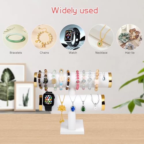 Two-layer T-shaped jewelry organizer, made of textured PU leather, suitable for displaying and organizing bracelets, bangles, and watches. (White and gold) - color: White faux leather