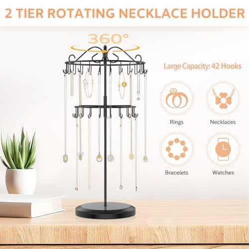 iDavosic.ly 2 Tier Rotating Necklace Holder Organizer with 42 Hooks, Adjustable Metal Bracelet Display Stand Rack, Extra Tall Keychain Spinning Tree Tower for Women, Black - color: Black