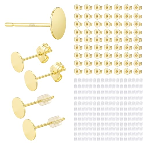 30PCS 14K Gold Plated Flat Pad Earring Posts Hypoallergenic Earring Studs with 925 Sterling Silver Post for DIY Jewelry Making Findings - color: C Style-14K Gold Flat Pad