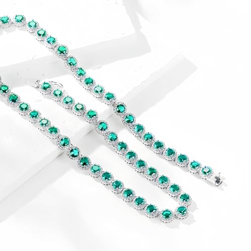 Gemsme 18K White Gold Plated Halo Necklace 5.0mm Round Cubic Zirconia Classic Tennis Necklace - color: White Gold - Green, size: 20 inch