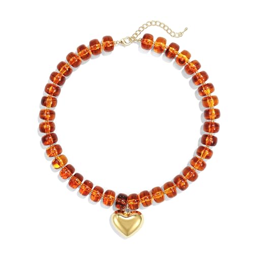 Chunky Heart Necklace for Women, Colorful Acrylic Beaded Statement Puff Heart Necklace, Cute Boho Y2K Choker Necklace for Gift Jewelry - color: Amber Colored