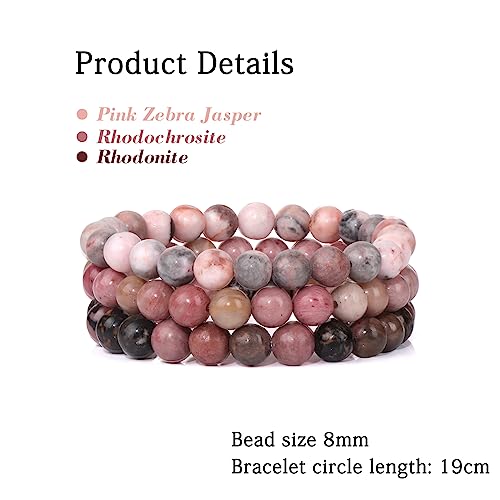 3 PCS Healing Crystal Bracelets for Women 8mm Natural Stone Beaded Stretch Bracelet Amethyst Jewelry Gifts - color: 02 8mm Pink Zebra Jasper