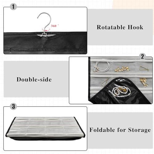 1 Pack Hanging Jewelry Organizer 80-Pocket Dual-sided Jewelry Storage for Earring Necklace Bracelet Ring Travel Holder, Black and White - color: Black and White