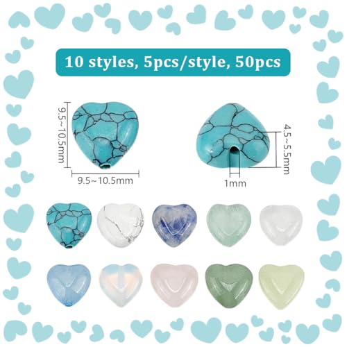PH PandaHall 50PCS 10mm Heart Gemstone Beads, 10 Styles Natural Synthetic Stone Beads Rose Quartz Beads Crystal Spacer Beads for Christmas Bracelet Necklace Jewelry Making Crafts