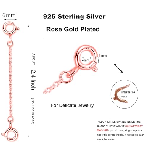 Sterling Silver Necklace Extender Rose Gold Plated for Women Bracelet Safety Link Extension for Dainty Jewelry 2.3" Length - color: rose gold