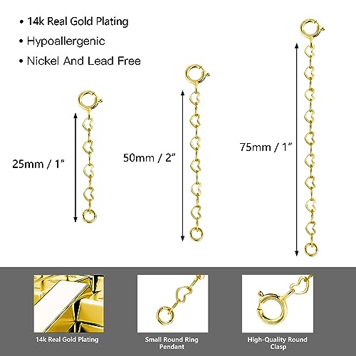 Gold Necklace Extenders,14K Gold Chain Extenders with Round Clasp, Durable Plated Solid Brass Necklace Bracelet Anklet Extension Chains(1 2 3 Inch,Gold Heart) - color: C-Gold, size: 1,2,3inch