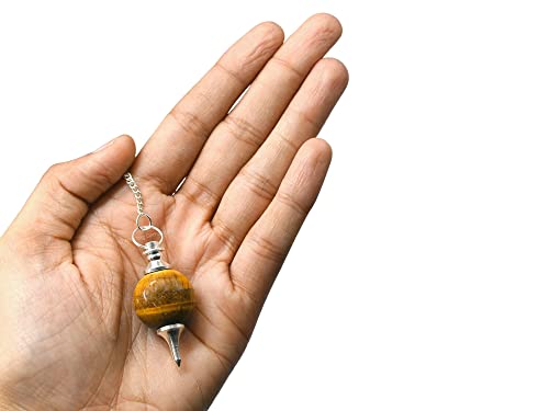 Amazing Gemstone Tiger Eye Crystal Ball Pendulum for Divination - Dowsing Pendulum Necklace with Chain and Quartz Bead for Reiki Healing and Crystal Grid Meditation - color: Tiger Eye