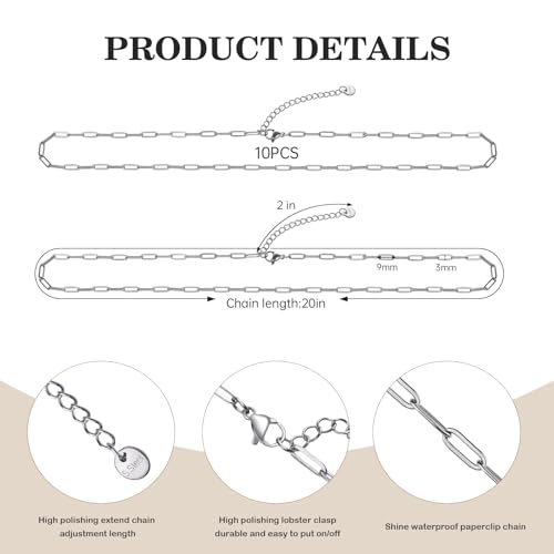 GTVOODX 10Pcs Paperclip Chain Necklace 20 Inch 3x9mm Stainless Steel Adjustable Link Chains Bulk for Women Necklace Jewelry Making - color: Silver, size: 20 Inch