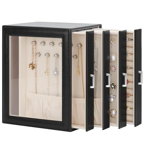 DesignSter Jewelry Box Organizer, Jewelry Box for Women, PU Jewelry Organizer Display Case with Side Drawers, Jewelry Storage for Earring Necklace Ring Bracelet Watch - color: Black