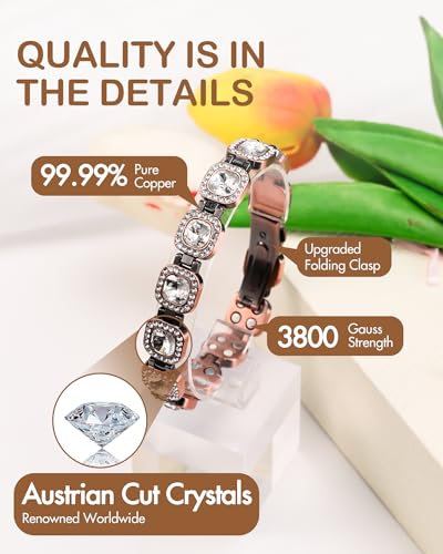 Feraco Pure Copper Bracelets for Women, 4X Ultra Strength Magnetic Bracelet with 3800 Gauss Neodymium Magnets & Dazzling Austrian Cut Crystals Stone, Adjustable Jewelry Gift - style: Radiant Square Shine - Copper