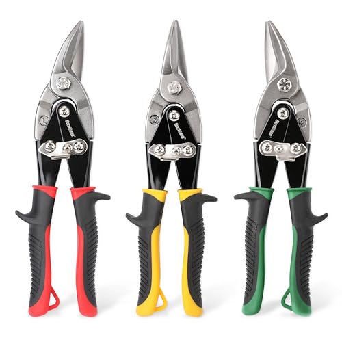 HURRICANE 3 pc Aviation Tin Snips Set, 10 inch Metal Cutter Shears for Cutting Sheet Metal, Cr-V Blades, Straight Left and Right Aviation Snips, with Ergonomical TyreGrip Handle and Safety Latch - size: 3 Piece Regular Set: Straight, Left, Right