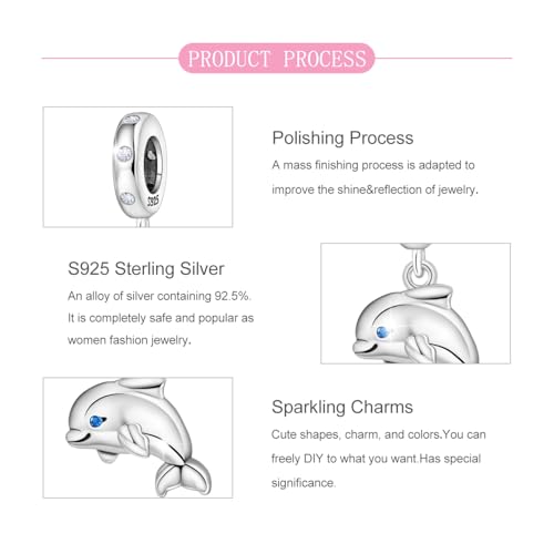 925 sterling silver Bead Charm for Pandora bracelets and Necklaces - Cute Heart Animal Ocean Pendant Bead Charms with Cubic Zirconia Mother's Day Jewelry Making DIY Gifts for Women Wife/Girlfriend - color: Little Dolphin Pendant Charm