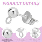 Beebeecraft 1 Box 100Pcs Ball Studs for Jewelry Making 925 Sterling Silver Plated 304 Stainless Steel Post with Loop Dangle Earring Findings Ear Backs DIY Supplies - color: Silver, size: 5mm Ball