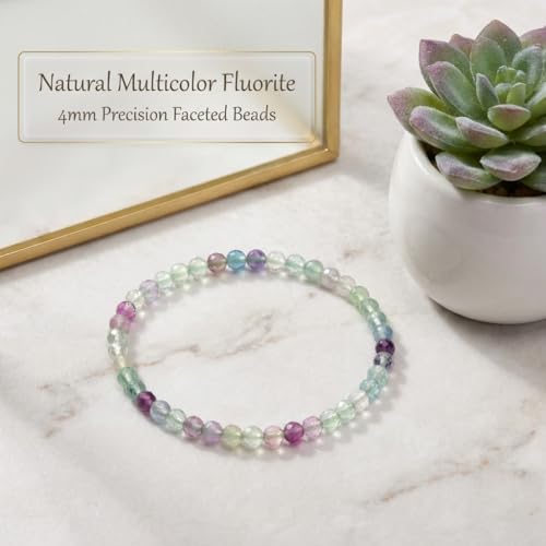 Angelstones Natural Gemstone Small Beaded Stretch Bracelet, 4mm Faceted Round Beads, Crystal Healing Bracelet for Women - color: Fluorite