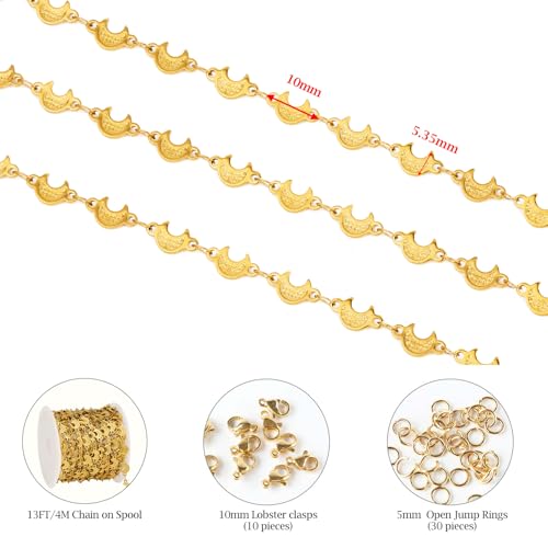 KYUNHOO 13FT/4M Stainless Steel Gold Jewelry Chain Roll on Bulk Embossed Moon Link Chains for Jewelry Making with Clasps and Jump Rings - color: Moon Gold