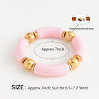 LALAPPLE Gold Plated Beaded Acrylic Bamboo Tube Bangle Bracelets for Women, Colorful Chunky Curved Tube With Gold Plated Pieces Beads Stretch Bracelet Friendship Summer Beach Jewelry - color: L-Pink