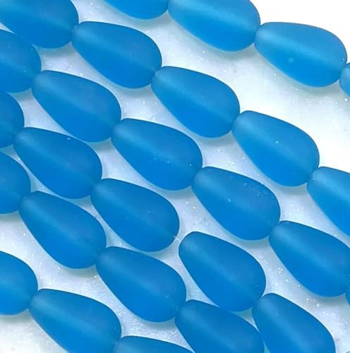 Tear Drop Beads, 16mm, Pacific Blue w/Frosted Matte Sea Glass Finish, 6 Pcs