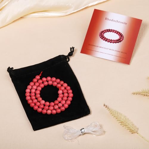 Stone Beads, 45pcs Rhodochrosite, 8mm Round Loose Beads for Jewelry Making, Bracelets, with Bag, String & Card - color: Rhodochrosite, size: 8mm