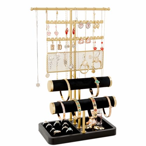 Poyilooo 4 Tier Jewelry Organizer and Storage, Earring Holder Jewelry Stand for Necklace Earring Keychains Bracelet Rings Display Jewelry Tree Stand Christmas Gifts for Women (Blackgold) - color: Black&gold