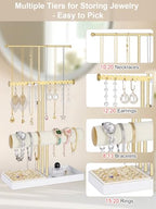3-Tier Jewelry Stand Jewelry Organizer, Gold Necklace & Bracelet Organizer with Velvet Ring Tray, Sturdy Jewelry Holder for Earrings, Cute & Aesthetic Jewelry Display Tower – Gift for Women