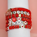 6PCS Valentine’s Day Clay Heishi Bracelet Set for Women- Red Pink Heart Love KISS XOXO Beaded Stretch Bracelets - Handmade Polymer Clay Crystal Glass Stackable Jewelry Gift for Galentine's Anniversary - color: LOVE-03