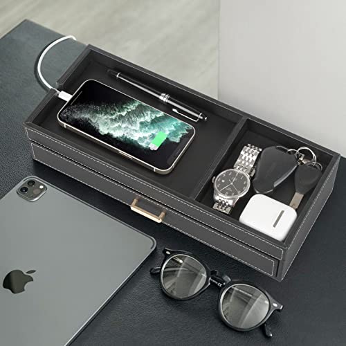 HofferRuffer Valet Jewelry Tray Organizer with Drawer, Faux Leather Storage Catchall Box Phone Charging Station Tray with Dresser Nightstand Desktop Drawer Organizer (Black) - color: Black