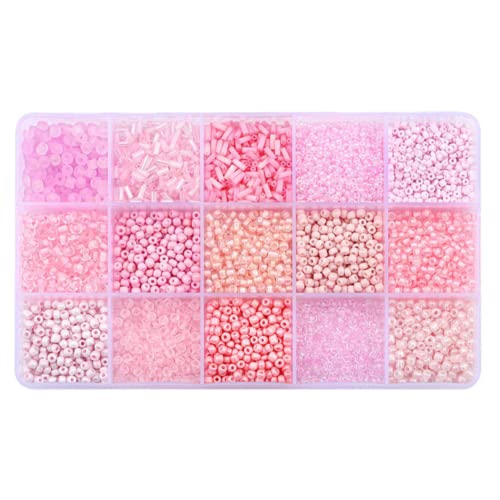 Mix 15 Color Glass Seed Tube Beads Glass Bugle Beads Loose Kit for Jewelry Making DIY Craft Beading (Mix 15 Color, Pink) - color: Pink