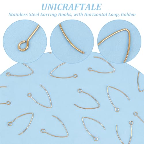 UNICRAFTALE About 50pcs Golden V-Shape Stainless Steel Earring Hooks Metal Ear Wires Drop Earring Hook with Horizontal Loop for Jewelry Making DIY Earrings Findings 25.5x15x0.8mm - size: 26mm Long