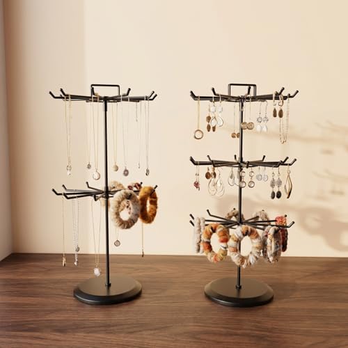 3 Tier Rotating Jewelry Stand with Adjustable Height, Necklace Holder Display Stand with 36 Hooks, Metal Jewelry Tree Organizer for Bracelets, Keychain Display, Jewelry Display for Vendors