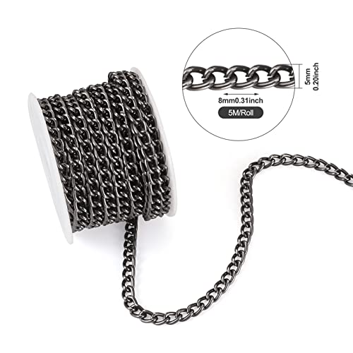Craftdady 16.4 ft Aluminum Curb Chain Link 8x5mm Twisted Unwelded Oval Cross Chain Link Necklace Chain with Spool for Bracelet Tassel DIY Crafts Jewelry Making - color: Black, 8x5mm