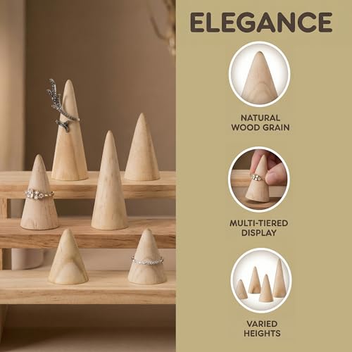 6Pcs Wood Ring Holder 3 Sizes Wooden Cone Display Stand for Men Womens Jewelry Engagement Wedding Ring Organizer Freestanding Vanity Kitchen Display Mens Accessories