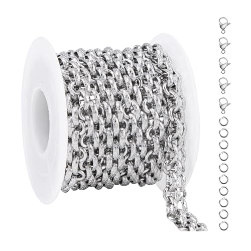 YOUBEIYEE 6.5 Feet Silver Stainless Steel Jewelry Making Chains Roll Embossed Oval Cable Chain Bulk with Lobster Clasps and Jump Rings - color: Embossed Silver