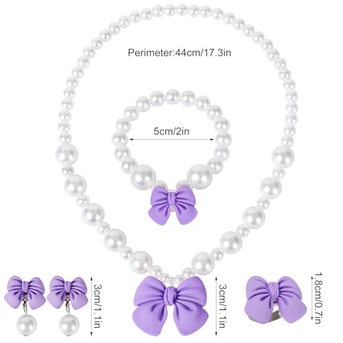 Princess Jewelry for Little Girls, Handmade Bow Pearl Kids Jewelry Set, Stretch Necklace Bracelets Rings and Clip on Earrings, Perfect for Dress Up, Birthday Parties, and Costume Play - color: Purple