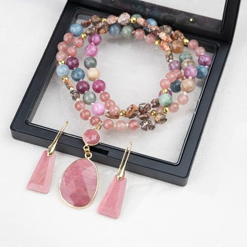 2 Pcs Boho Lapis Lazuli Jewelry Set for Women - Handmade Natural Stone Beaded Long Necklace with Oval Lapis Lazuli Pendant & Trapezoid Lapis Lazuli Earrings | Vintage Elegance | Ideal Gift for Her - style: Rhodochrosite Pendant