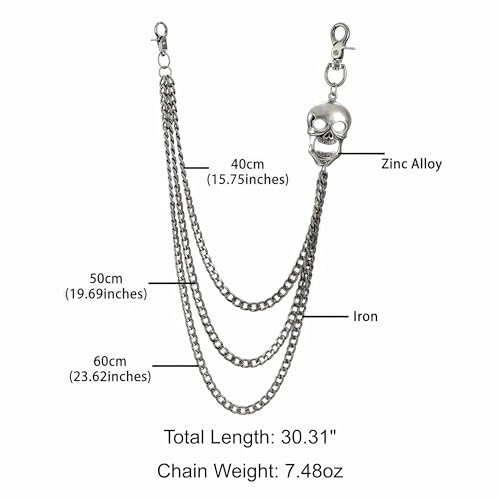 Layered Punk Pants Chain for Men Women, Gothic Hip Hop Jean Chain Wallet Chain Biker Trouser Chain, Goth Emo Fashion Keychain Accessories - color: 3L-Skull