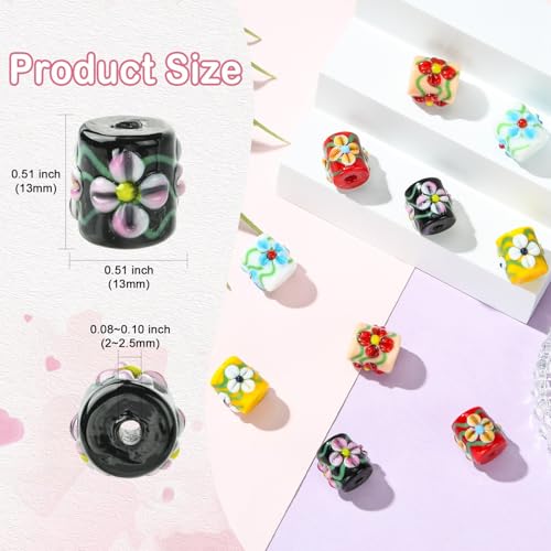 Stiesy Painted Column with Flower Glass Beads 10Pcs, 5 Colors Glass Spacer Loose Beads Bulk for DIY Jewelry Making Necklace Bracelet Earring Keychain Crafts 13x13mm - color: Column with Flower-5 Colors -10pcs