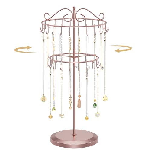 MODOWEY Rotating Necklace Holder Organizer Display Stand with 42 Hooks, 2 Tier Adjustable Metal Tree for Long Necklace Hanger, Tall Spinning Bracelet Storage Rack for Men Women, Rose gold - color: Rose gold, size: 2 Tier