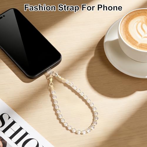 TEAMOLA Natural Stone Phone Charm, Handmade Crystal Cellphone Chain for Universal, Beaded Healing Anti Theft Phone Wrist Strap with Tether Tab, Clear Quartz - color: Clear