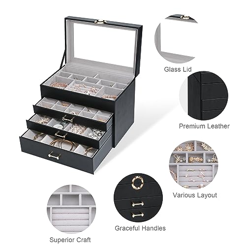Jewelry Organizer Jewelry Boxes for Women, Jewelry Box with Clear Glass Lid 4-Tier with 3 Drawers, Gift for Women Girl, Black Glass Lid - color: Black Glass Lid
