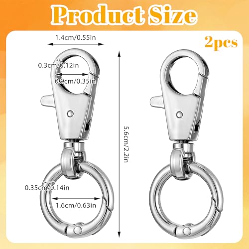 2 Pcs Double Opening Keychain Clip, Heavy Duty Zinc Alloy Swivel Clasp Clip Metal Swivel Snap Hooks Lobster Clasp with Key Ring for DIY Craft Lanyard Purse Making Jewelry Travel Accessories (Silver) - color: Silver