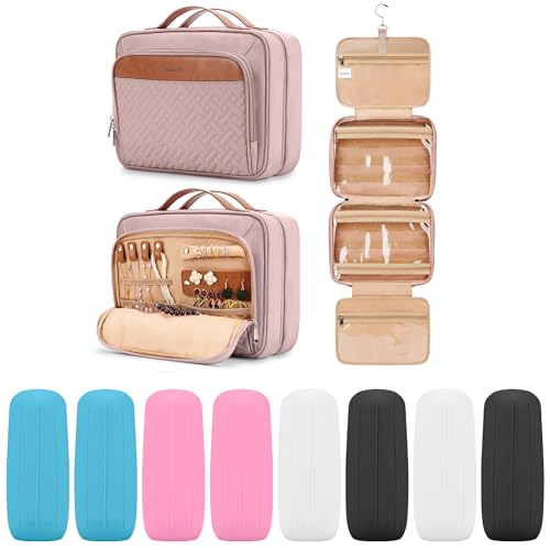 COOSKY Travel Hanging Toiletry Bag for Women, Large Makeup Bag 8 Leak Proofing Silicone Bottle Covers, Waterproof Cosmetic Bag with Jewelry Organizer Compartment, Toiletries Kit Set, Pink - color: Baby Pink, size: Large*1 + Leak Proofing Bottle Covers*8