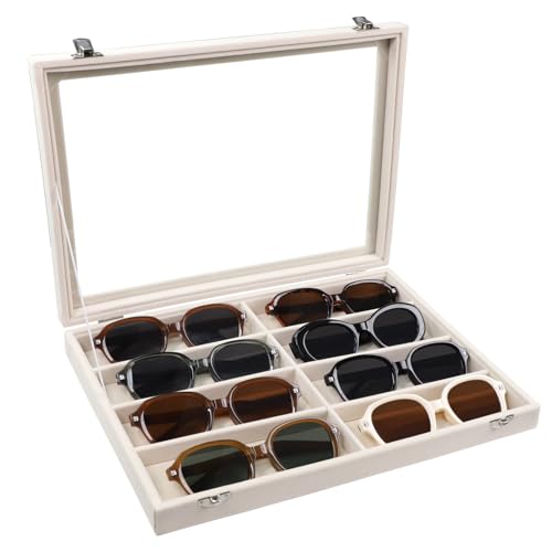 Stratalife Sunglasses Organizer Sunglass Display Tray Jewelry Tray with Lid Sunglasses Storage Case Drawer Watch Box for Men and Women Beige (8 Grids) - color: Beige, size: 8 Grid