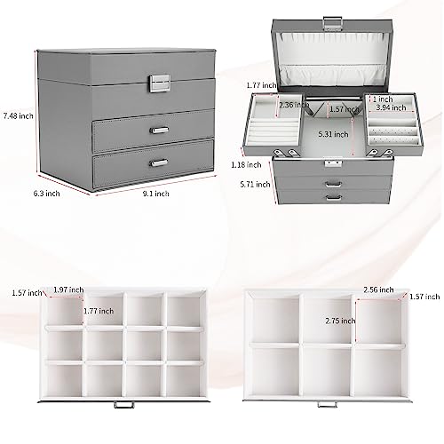 Dajasan Jewelry Organizer Box, Large Jewelry Boxes for Women Girls, Space-Saving 4 Layers Jewelry Storage Case with Drawer, Movable Metal Stand, Modern, Gift Idea (Grey) - color: Grey + Silver