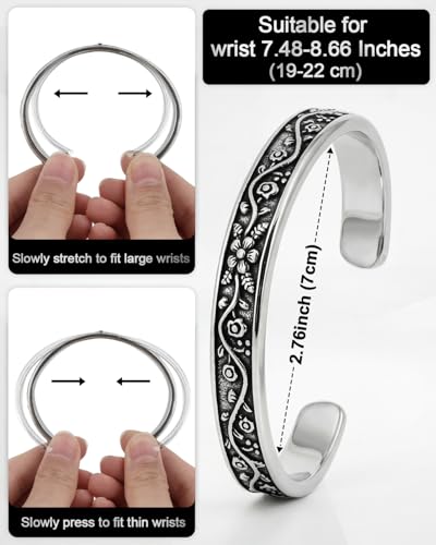 Stainless Steel Cuff Bracelet,Retro Gothic Punk Biker Cool Open Adjustable Cuff Bangle Bracelets Jewelry for Men Silver - style: Retro Flowers