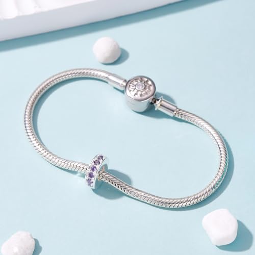 925 Sterling Silver Spacer Charm Bead with Clear CZ for Pandora Charms Bracelets - color: Purple