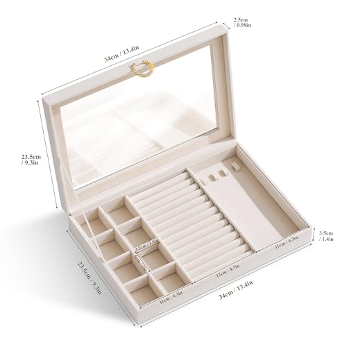 bussdis Glass Lid Jewelry Organizer Box – Beige Velvet Jewelry Case with Ring Slots, Necklace Hooks & Removable Compartments for Earrings, Rings & Bracelets - color: Beige